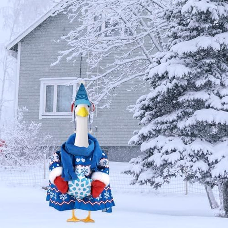 Porch Goose Winter Outfit, Sweater with Knit Hat and Scarf Set Polyester Porch Goose Clothes Christmas Costume for Garden (Blue)