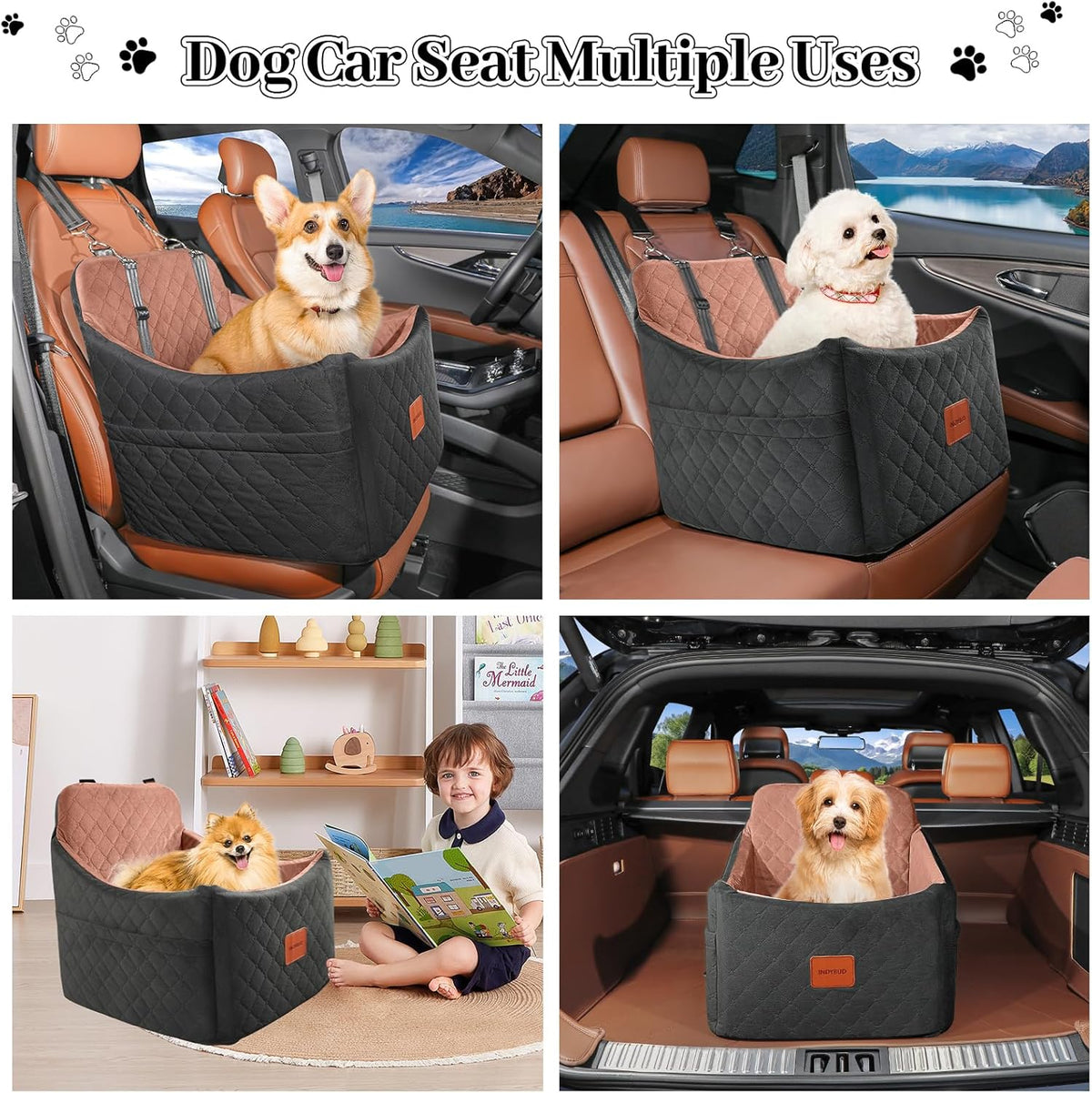 Dog Car Seats for Small Medium Dogs, Portable Detachable Washable Puppy Car Seat for Dog up to 35Lbs, Pet Booster Seat with Storage Pockets and Safety Belt (Black/Brown, Medium)