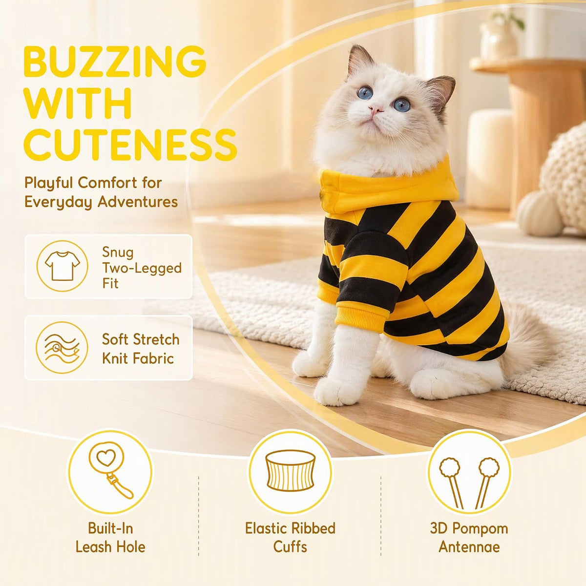 Bee Pet Hoodie Costume Cute Outfit Apparel for Cats and Small Dogs