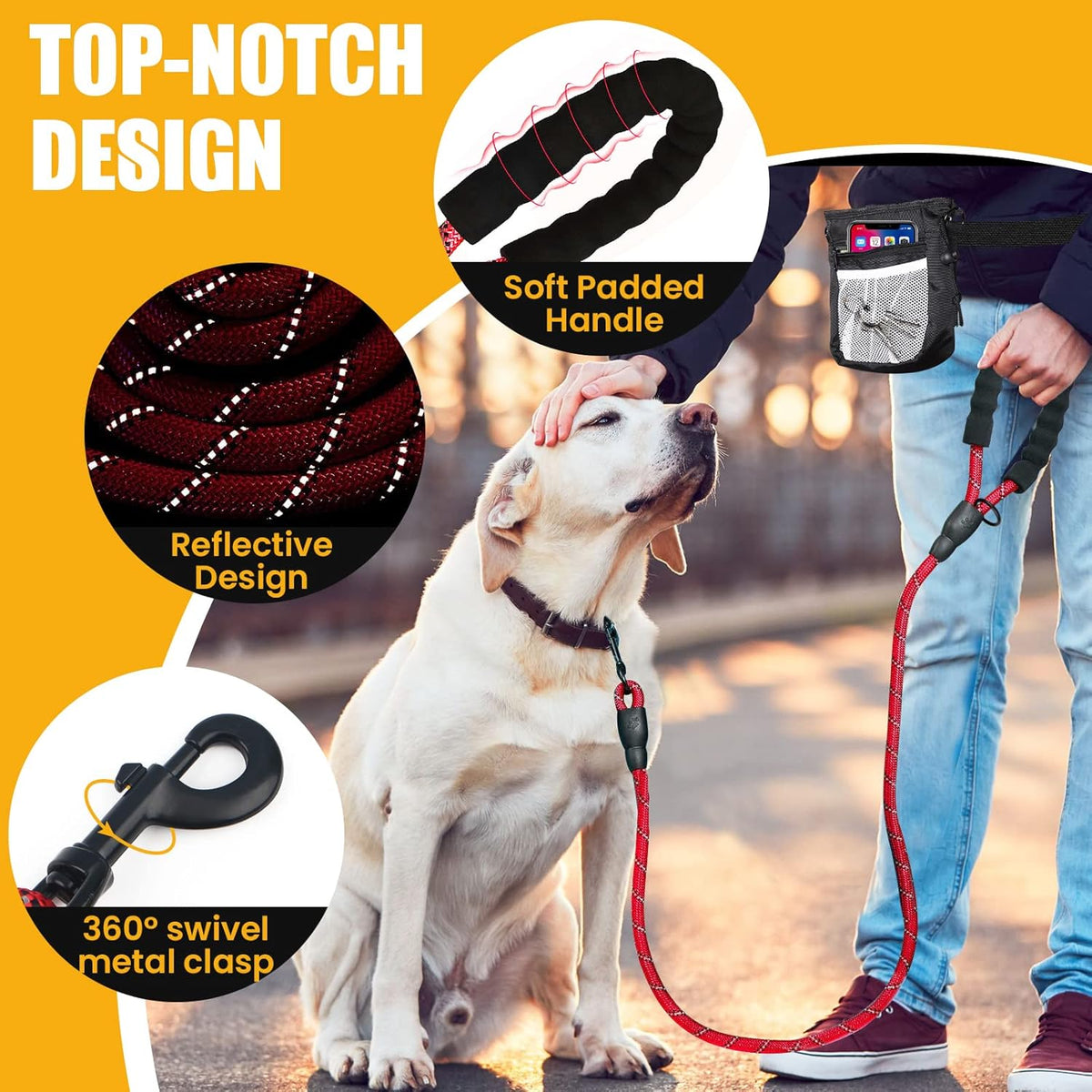 5/6 Ft Dog Leash with Highly Reflective Threads and Comfortable Padded Handle-Multifunction Dog Treat Pouch for Dog Walking-Dog Leashes for Large, Medium & Small Dogs(5Ft/Red)