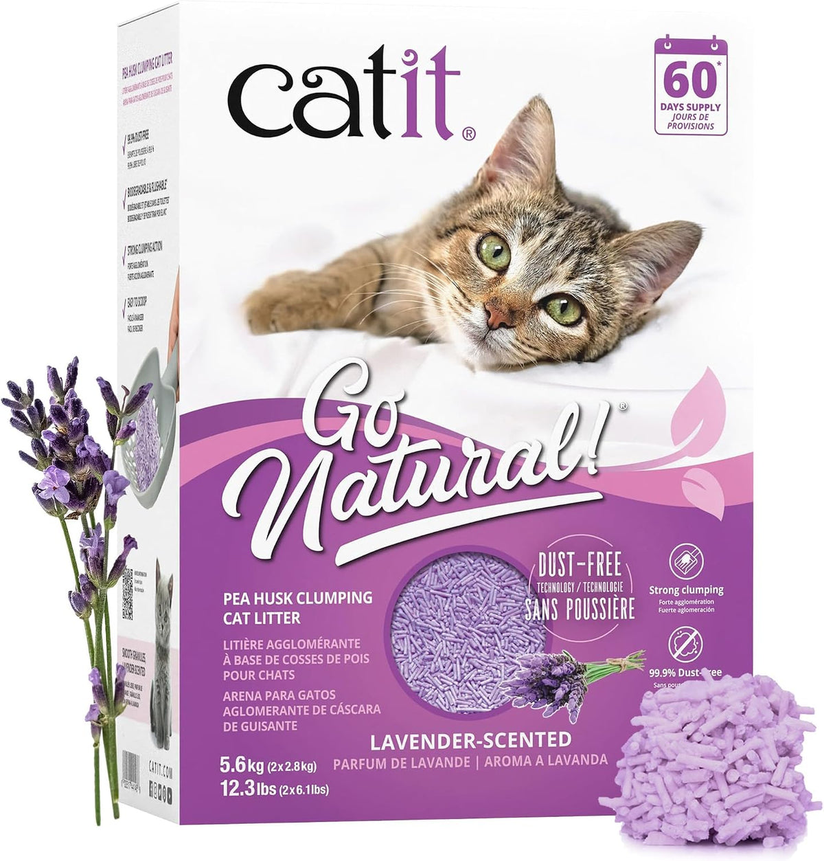 Go Natural Pea Husk Clumping Cat Litter, Tofu, Lavender, 14 L, Dust Free & Lightweight Cat Litter, Easy to Scoop, Litiere Pour Chat