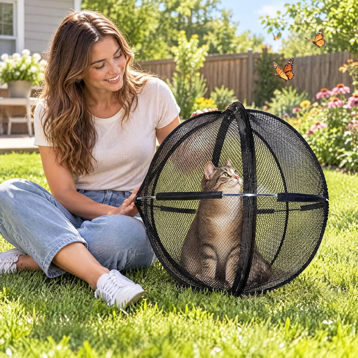 Portable Outdoor Cat Enclosure, Pop up Cat Hamster Ball for Outside-Black