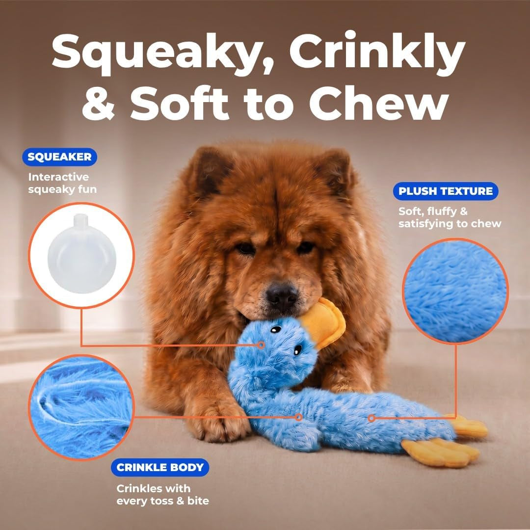 Crinkle Dog Toy for Small, Medium, and Large Breeds, Cute No Stuffing Duck with Soft Squeaker, Fun for Indoor Puppies and Senior Pups, Plush No Mess Chew and Play - Blue
