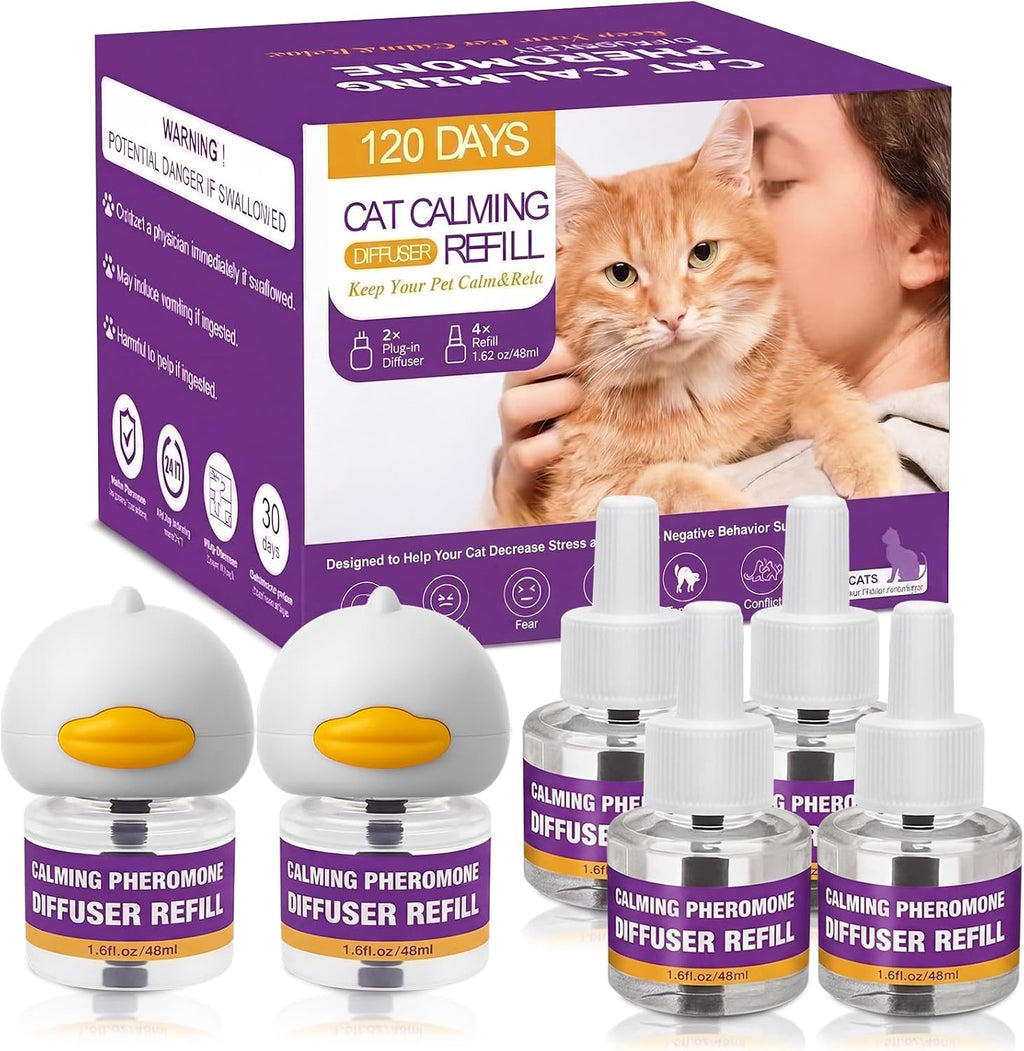 Cat Calming Pheromone Diffuser Kit, 2 Plug-Ins & 4 Refills, 48Ml Each, 120 Days, Cat Calming Diffuser for Cats & Kittens, Cat Stress & Anxiety Relief, Helps Reduce Scratching, Urine Marking & Fighting