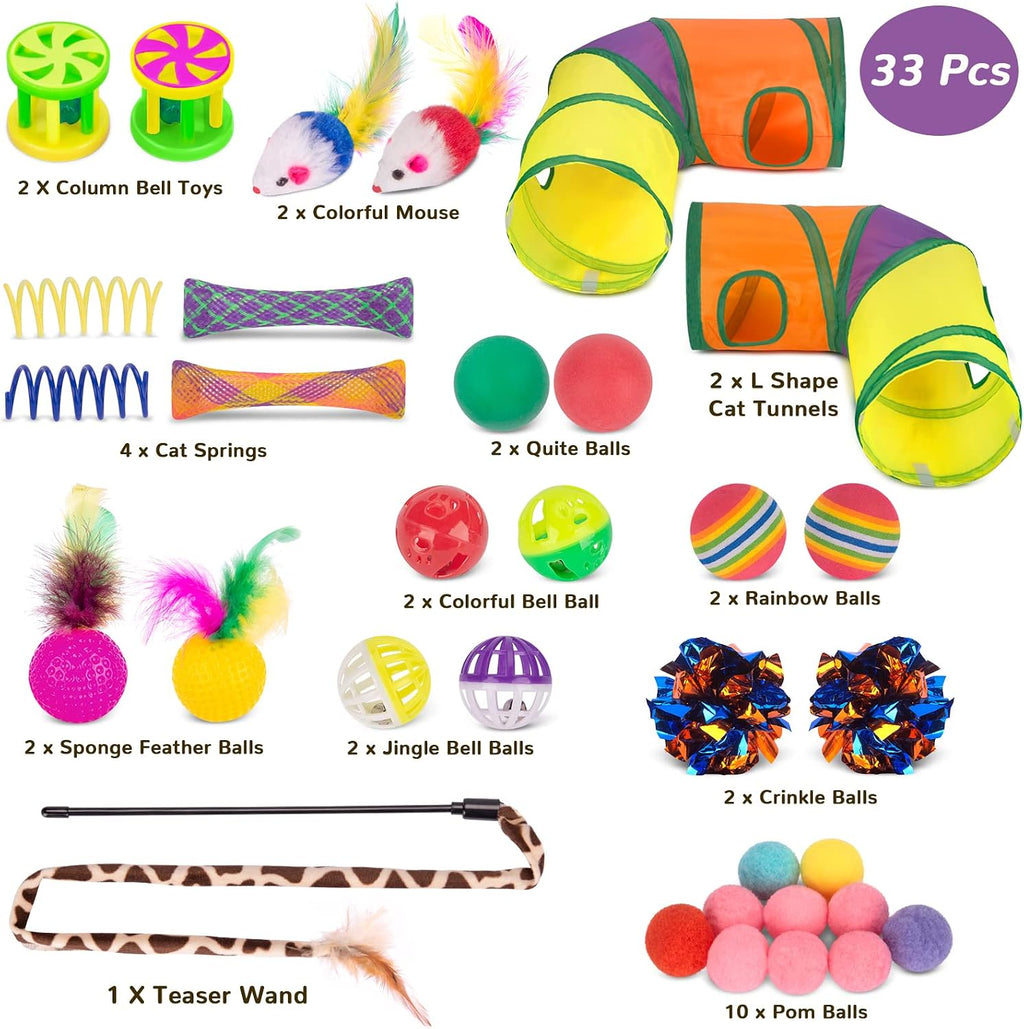 Cat Toys Set 33 Pack, Cat Play Tunnel for Indoor Cats