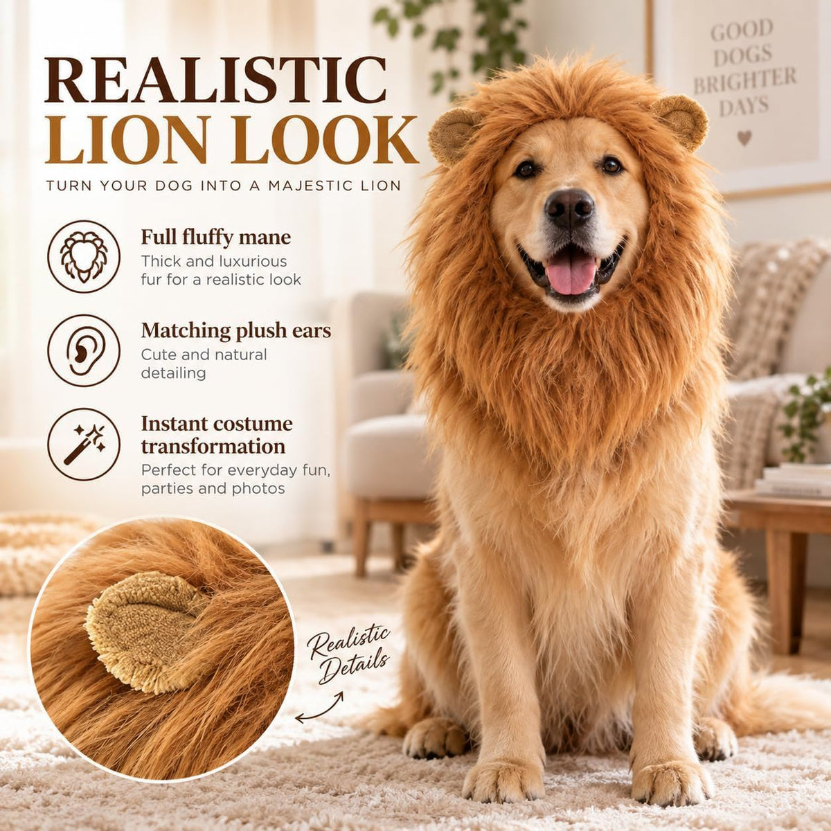 Dog Lion Mane Costume with Ears, Dog Halloween Costumes Large Breed
