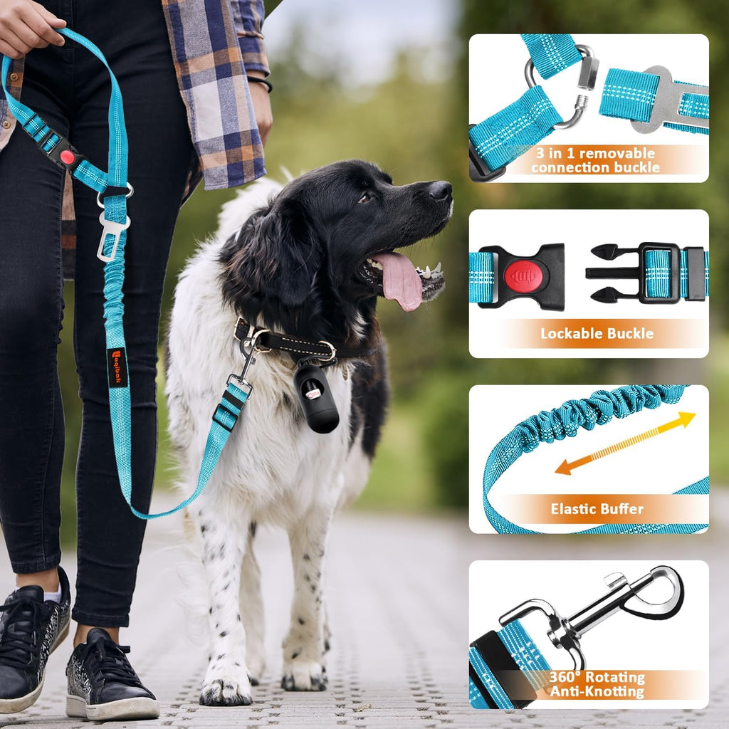 Removable Dog Seat Belt Harness for Car, 3 in 1 Pet Dog Car Seatbelt Leash, Retractable Restraint Secures to Vehicle Headrest & Adjustable Reflective Bungee Dog Seatbelt Tether, Blue and Black