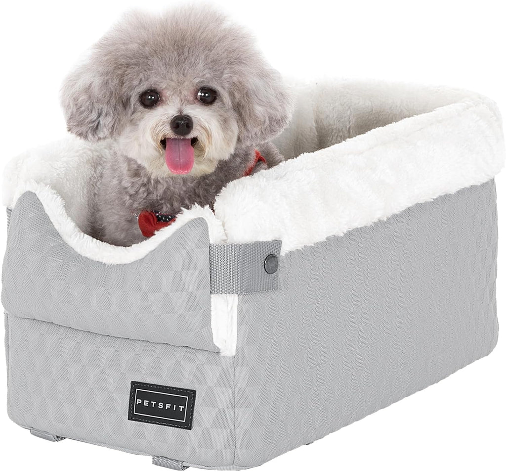 Dog Car Seats for Small Dogs with Safe Protection Hooks, Small Dog Car Seat with Upgraded Safety Tethers, Washable Cushion, Center Console Dog Car Seat for Pets under 8 Lbs (Light Grey)