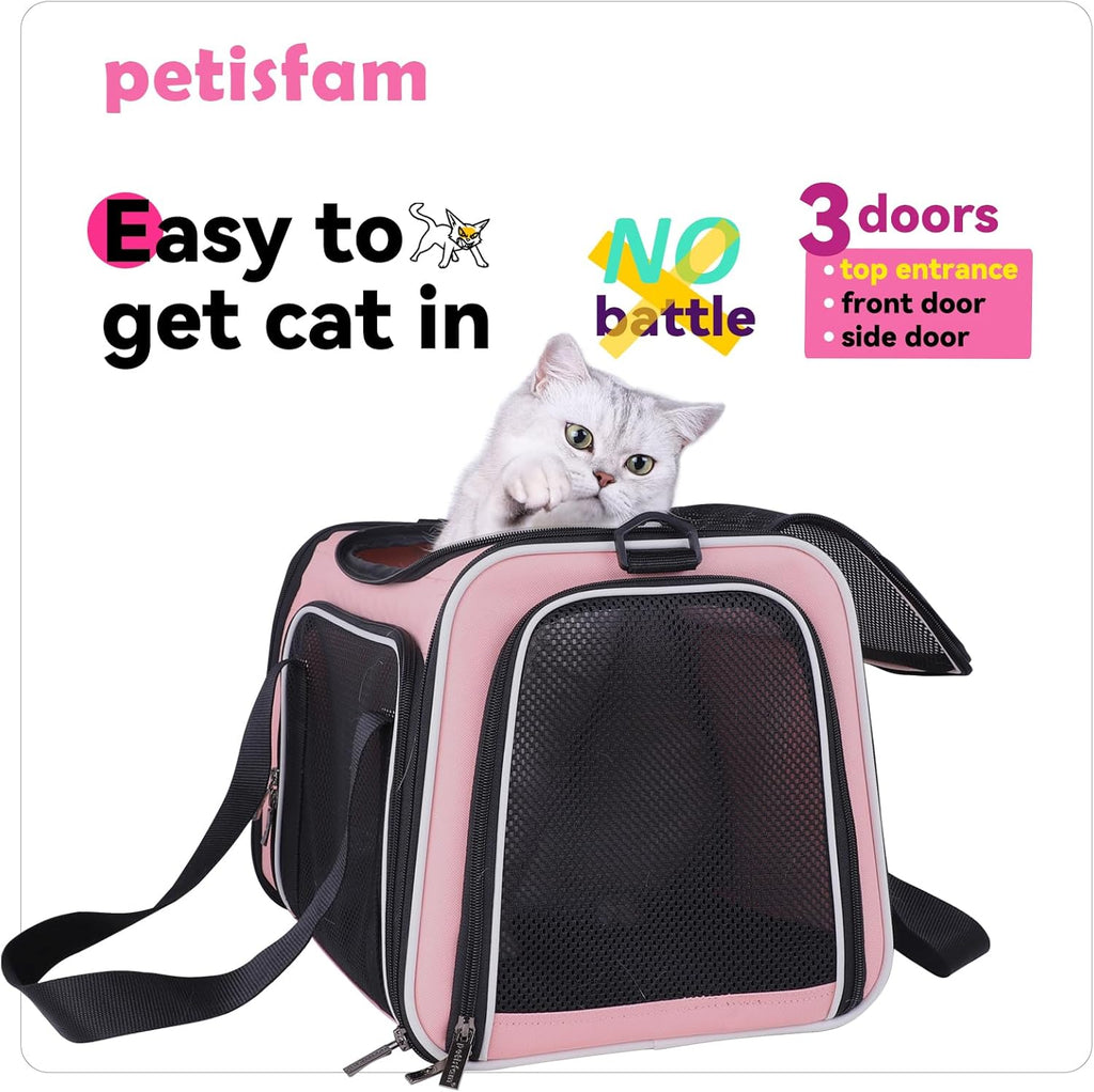 Soft Pet Carrier for Medium Cats and Small Dogs with Cozy Bed, 3 Doors, Top Entrance | Airline Approved, Escape-Proof, Breathable, Leak-Proof, Easy Storage (Pink)
