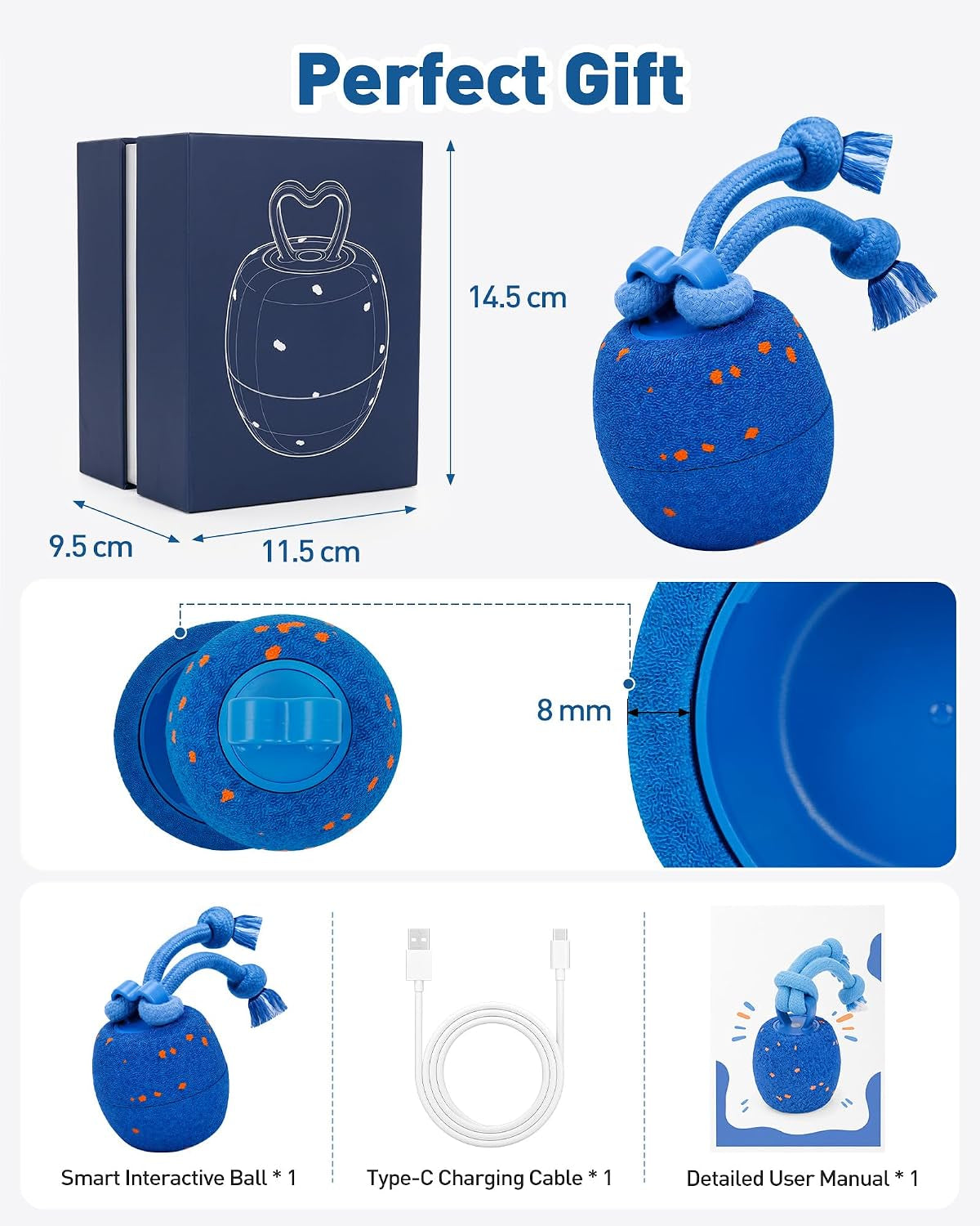 Smart Interactive Dog Toy Balls, Automatic Rolling, Bouncing & Rotating (Blue)