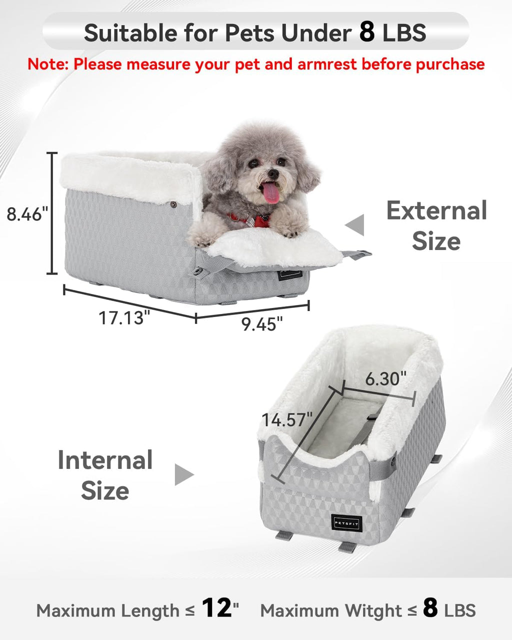 Dog Car Seats for Small Dogs with Safe Protection Hooks, Small Dog Car Seat with Upgraded Safety Tethers, Washable Cushion, Center Console Dog Car Seat for Pets under 8 Lbs (Light Grey)