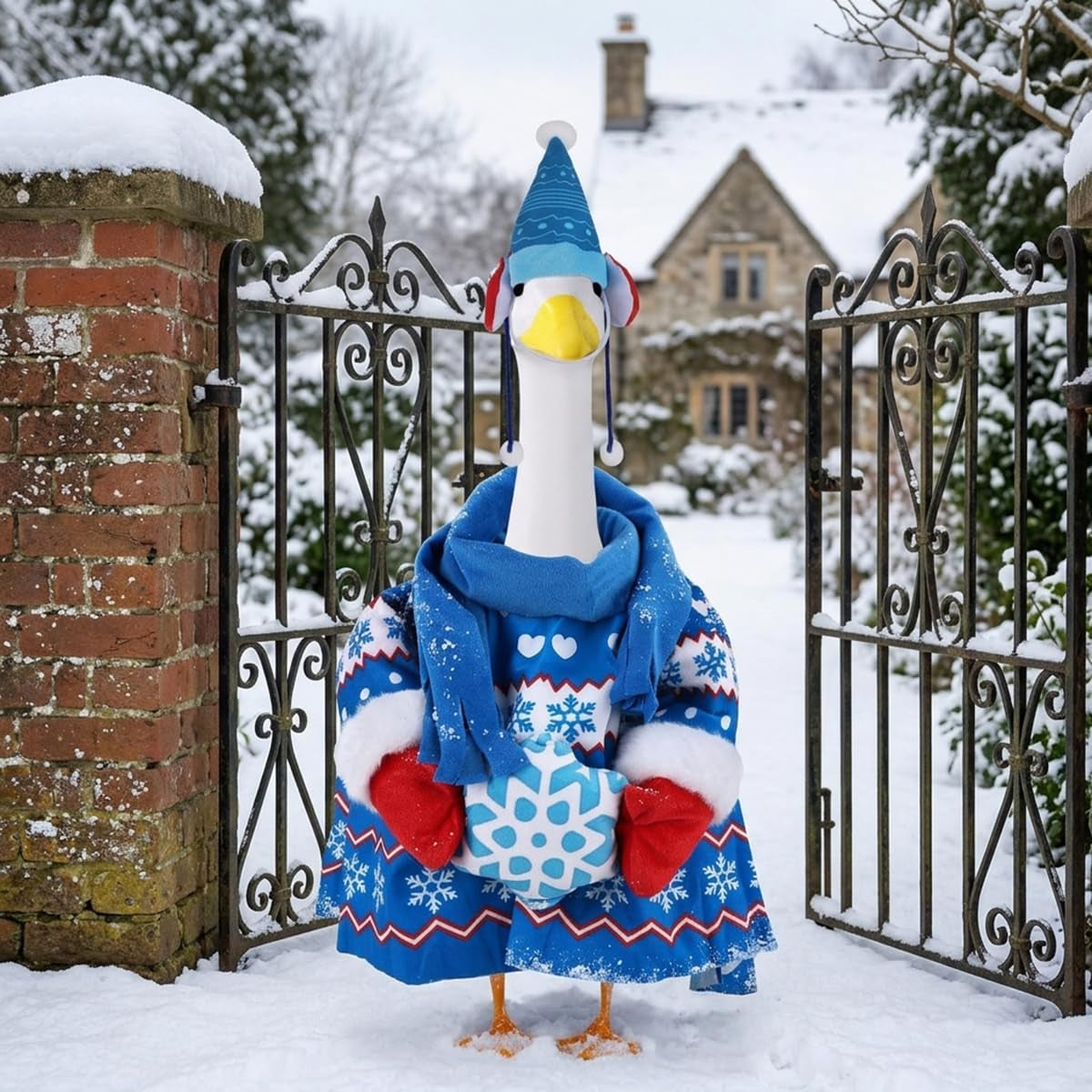 Porch Goose Winter Outfit, Sweater with Knit Hat and Scarf Set Polyester Porch Goose Clothes Christmas Costume for Garden (Blue)