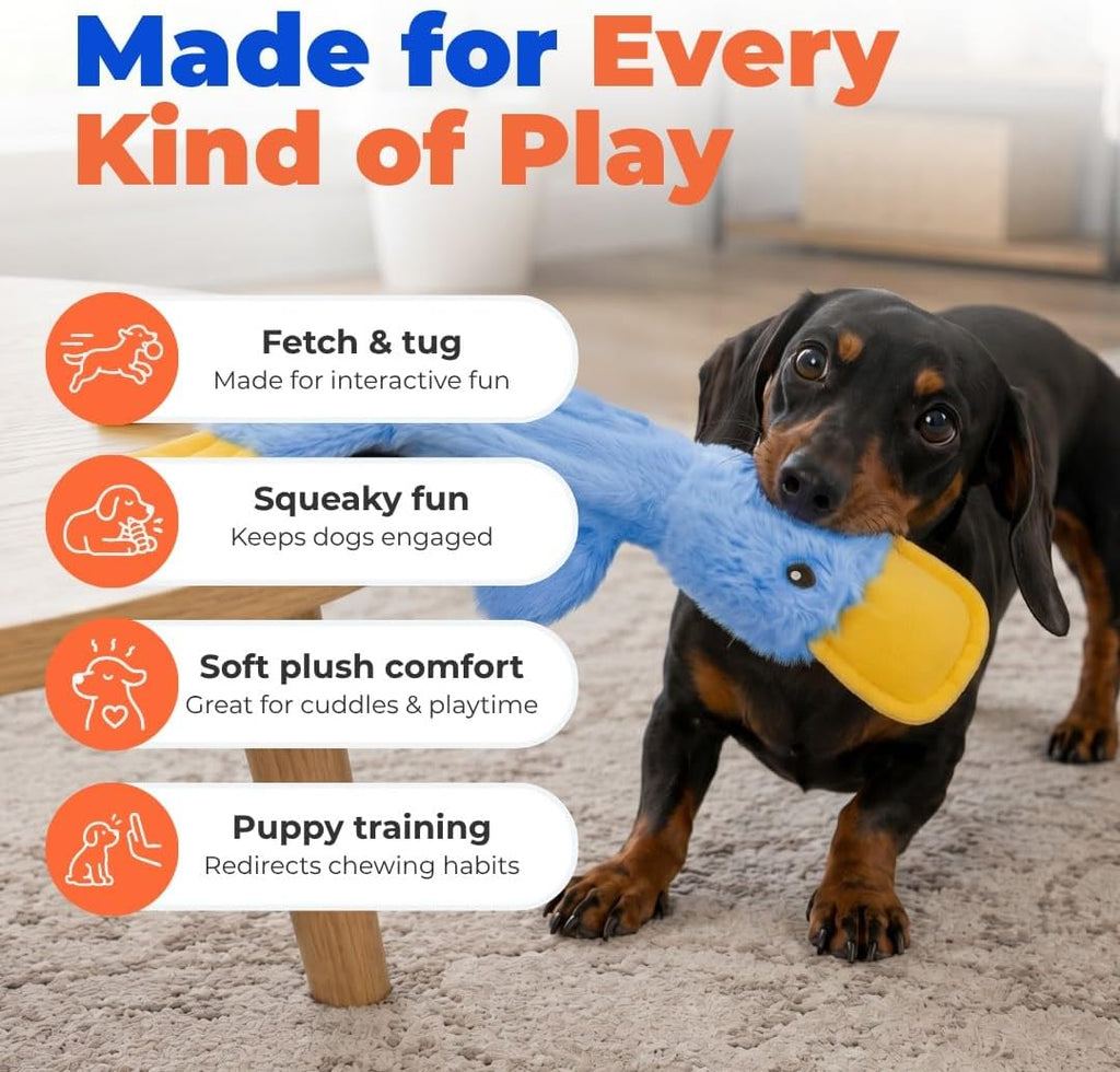 Crinkle Dog Toy for Small, Medium, and Large Breeds, Cute No Stuffing Duck with Soft Squeaker, Fun for Indoor Puppies and Senior Pups, Plush No Mess Chew and Play - Blue