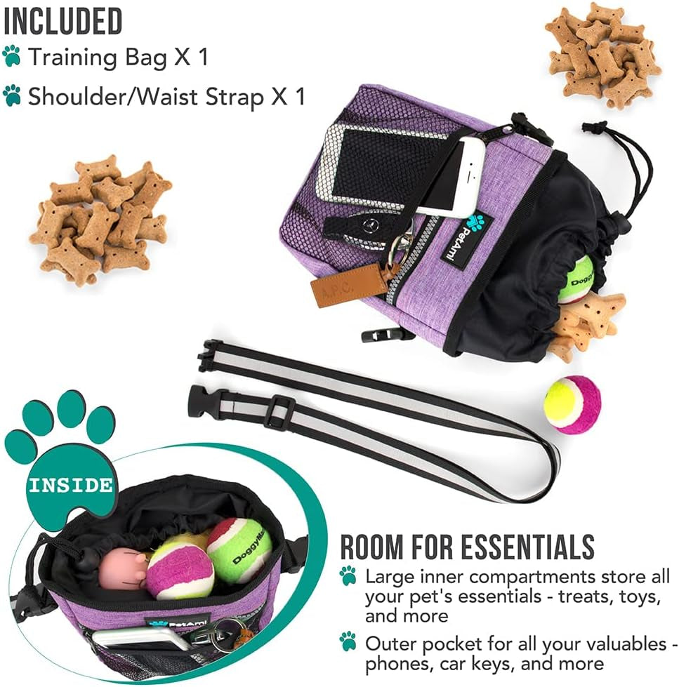 Deluxe Dog Training Pouch with Shoulder/Waist Strap and Built-In Poop Bag Dispenser | Dog Treat Training Bag for Treats Kibbles Pet Toys | Collapsible Food/Water Bowl Included