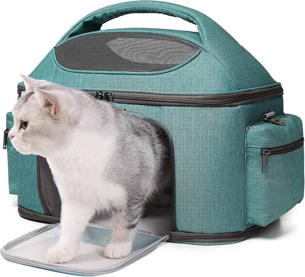 Large Pet Carrier for Cat and Small Dog, Fits 20 Lbs Fat Cat, Soft-Sided Pet Travel Carrier, Cat Bed (Green)