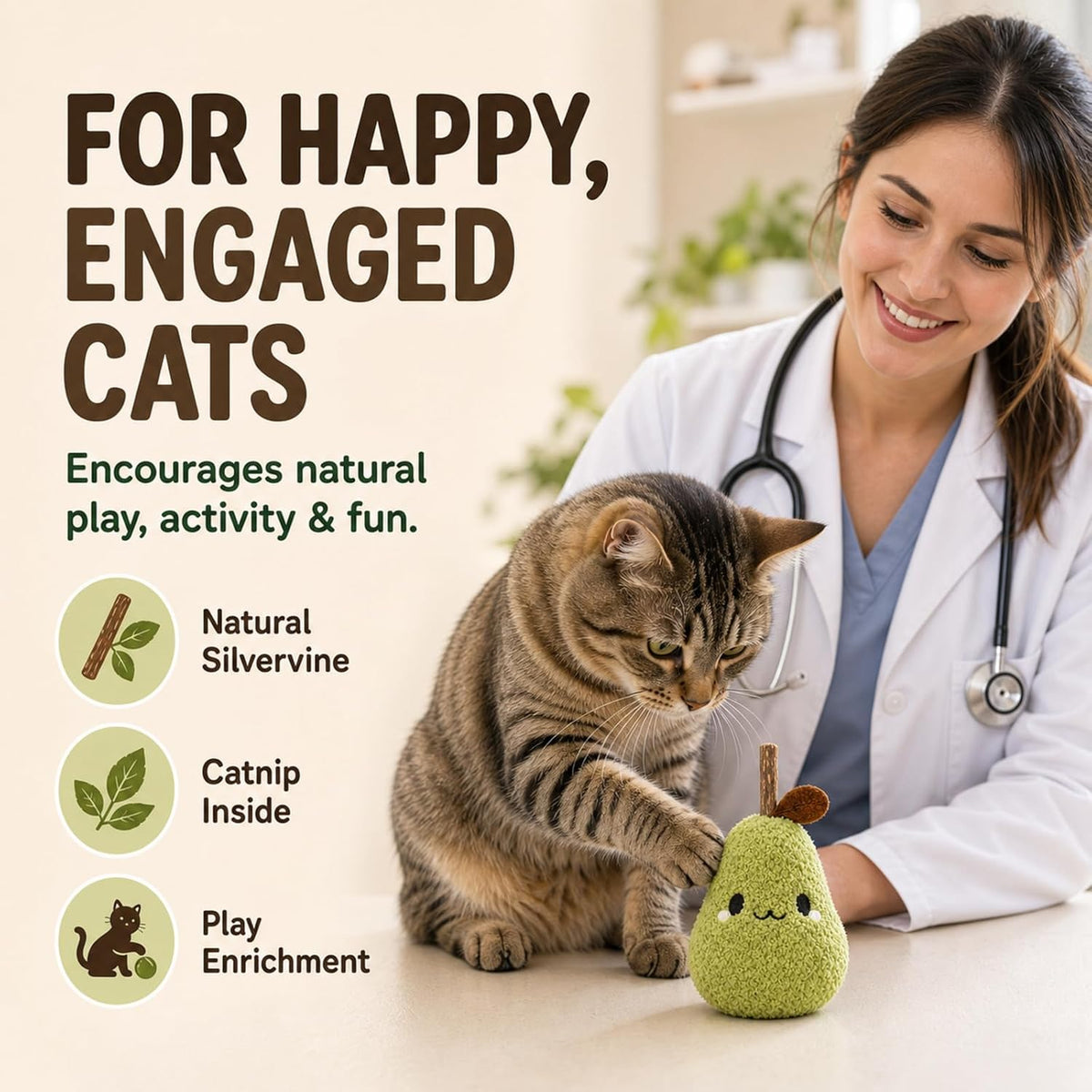 Cat Plush Toy [6000Mg A+Natural Catnip & Silvervine] with Teething Stick Soft Catnip Toy for Kitten Chewing Carrying & Cuddling 1 Pack (Pear Green)