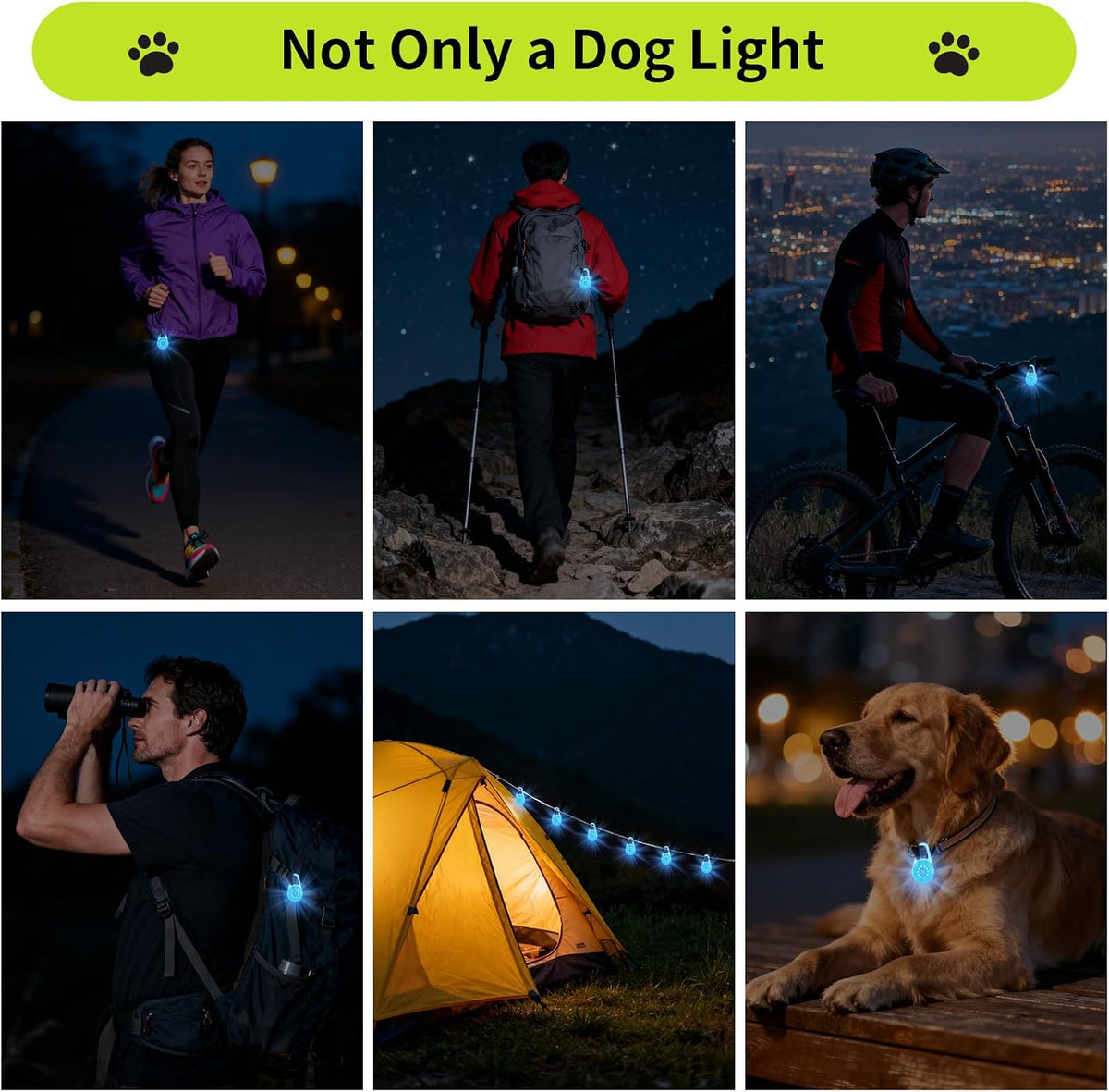 Dog Lights for Night Walking, 6 Modes IP68 Waterproof Dog Collar Lights Clip On, High Capacity Rechargeable Pet Accessories for Climbing, Running, Camping, 2 Packs