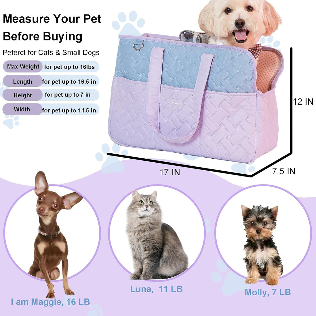 Dog Carrier Purse 3-In-1 Purple & Blue Pet Travel Bag for Small Dogs & Cats - Handheld, Crossbody, & Shoulder Carry with 4 Extra Front and Sided Storage Pockets Soft, Comfortable, Perfect for Travel