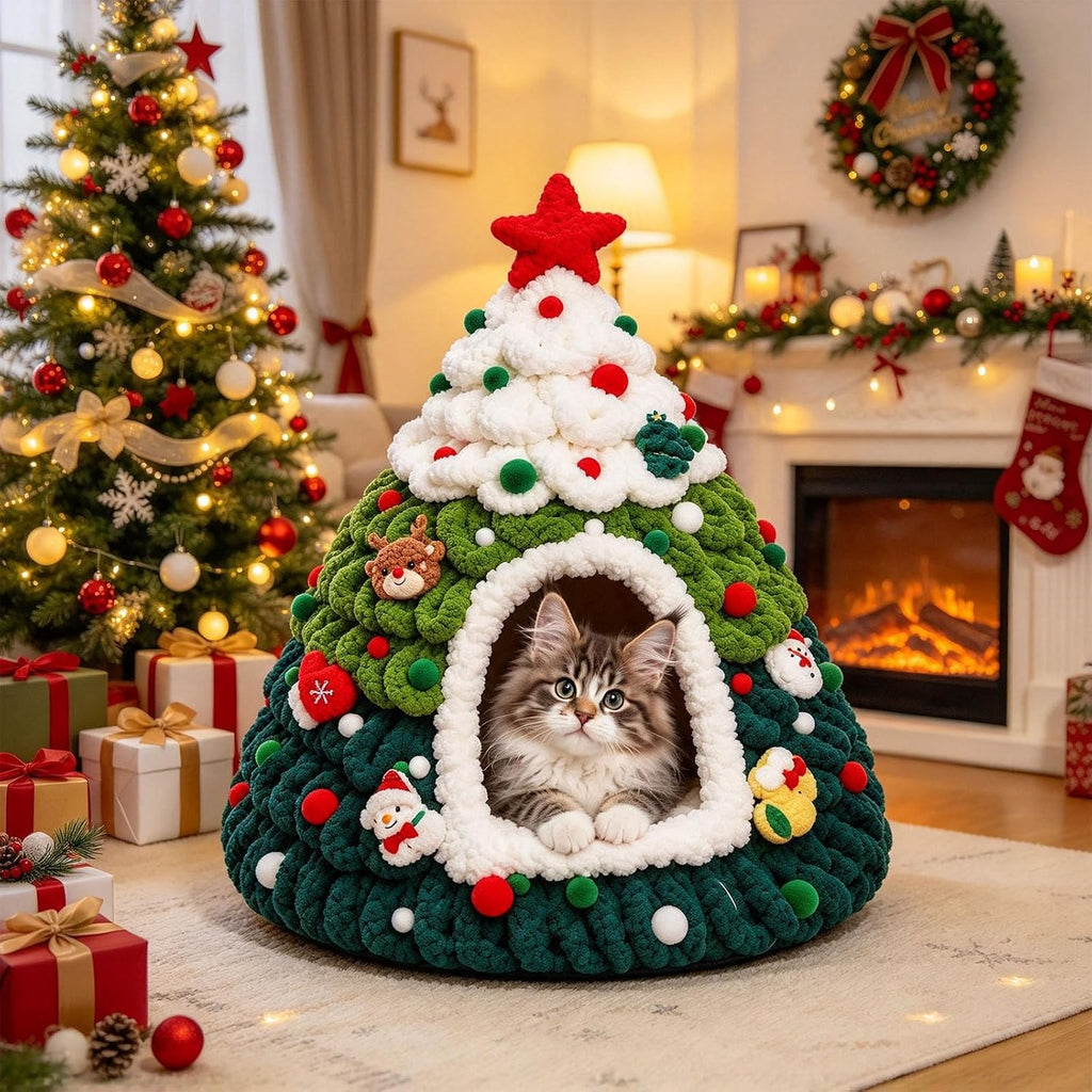 Christmas Tree Cat Bed Knitted Warm Indoor Nest Cat Tent for Small Pets