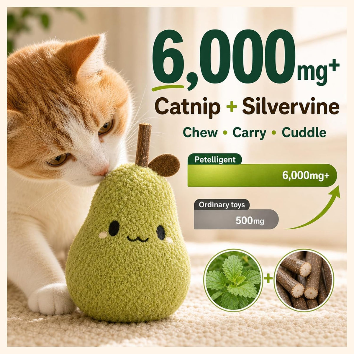 Cat Plush Toy [6000Mg A+Natural Catnip & Silvervine] with Teething Stick Soft Catnip Toy for Kitten Chewing Carrying & Cuddling 1 Pack (Pear Green)