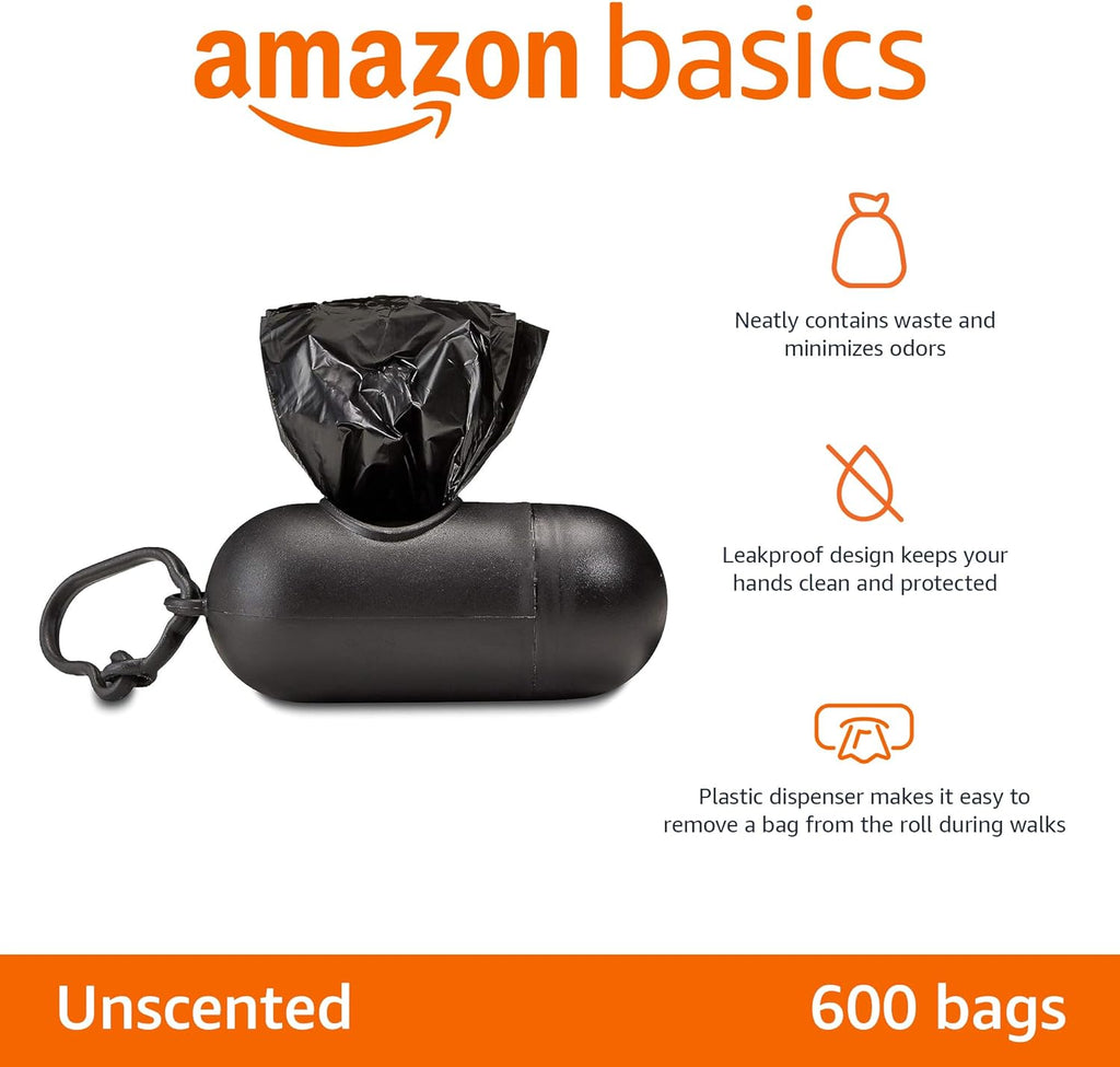 Dog Poop Bags with Dispenser, 600 Count, Enhanced for Guaranteed Leakproof, Unscented, Includes Leash Clip