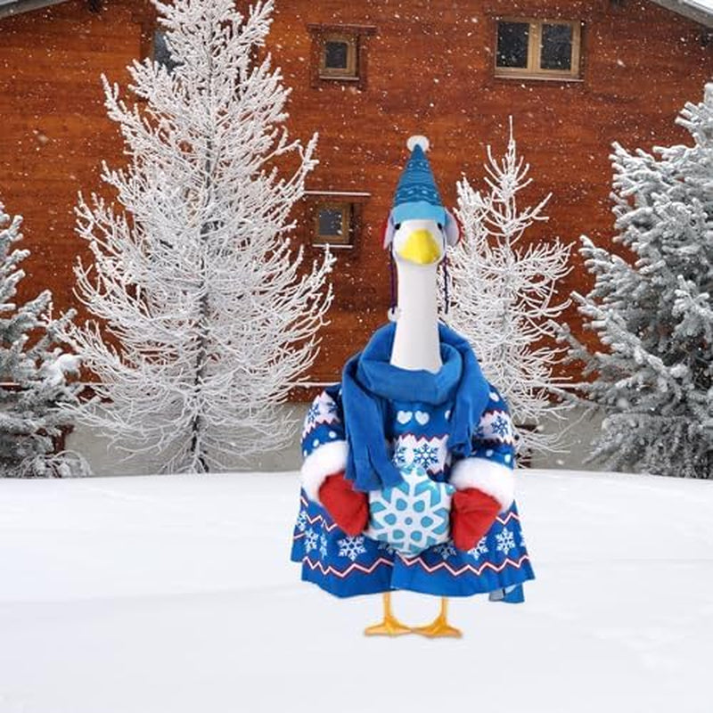 Porch Goose Winter Outfit, Sweater with Knit Hat and Scarf Set Polyester Porch Goose Clothes Christmas Costume for Garden (Blue)