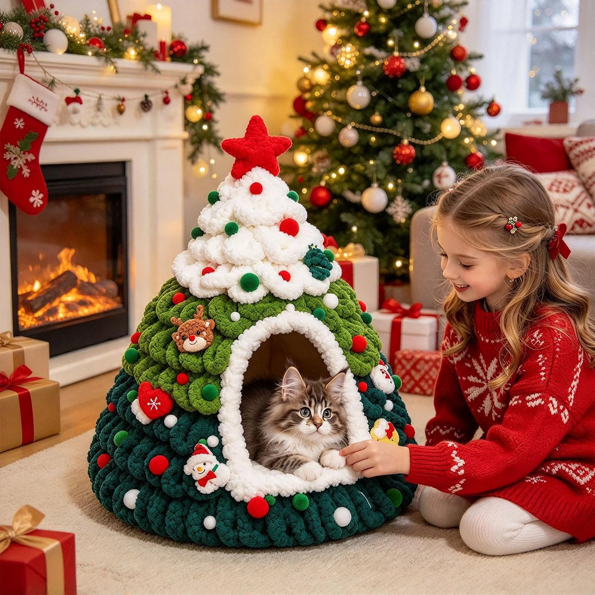 Christmas Tree Cat Bed Knitted Warm Indoor Nest Cat Tent for Small Pets