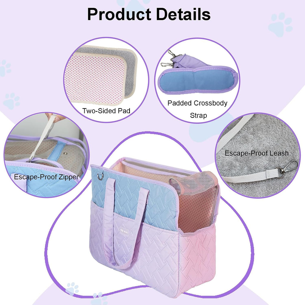 Dog Carrier Purse 3-In-1 Purple & Blue Pet Travel Bag for Small Dogs & Cats - Handheld, Crossbody, & Shoulder Carry with 4 Extra Front and Sided Storage Pockets Soft, Comfortable, Perfect for Travel