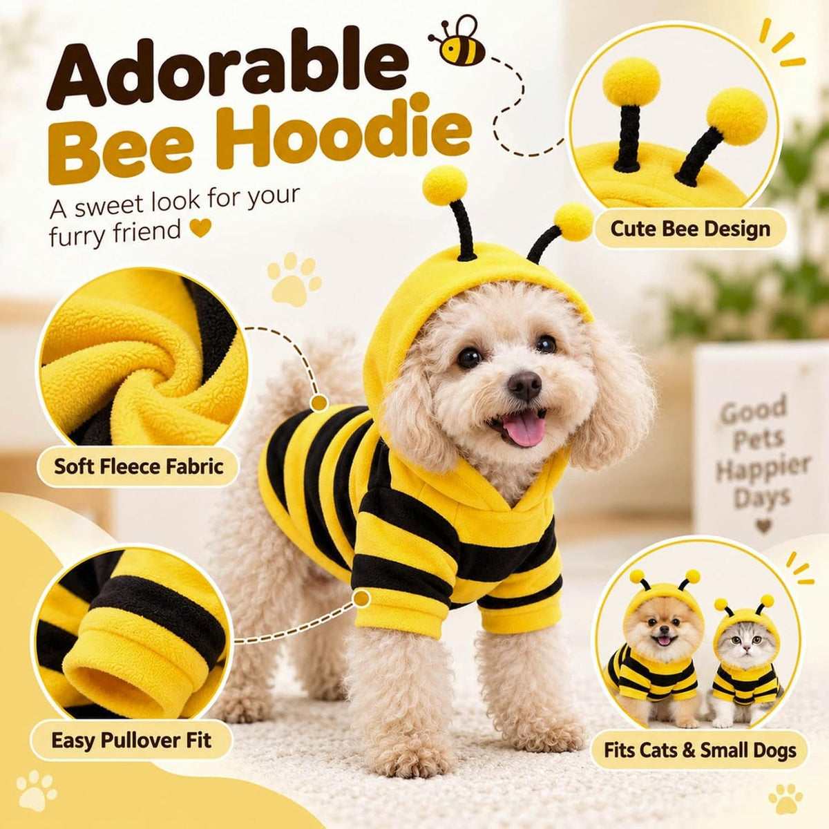 Pet Bee Costume, Hooded Halloween Outfit for Small Dogs and Cats，Medium